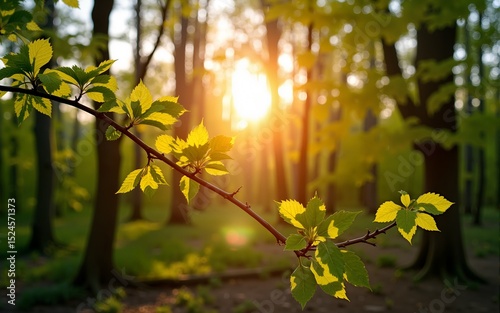 Springtime forest with setting sun shining through leaves and branches. Nature, forestry, habitat, environment and sustainability concepts. High quality