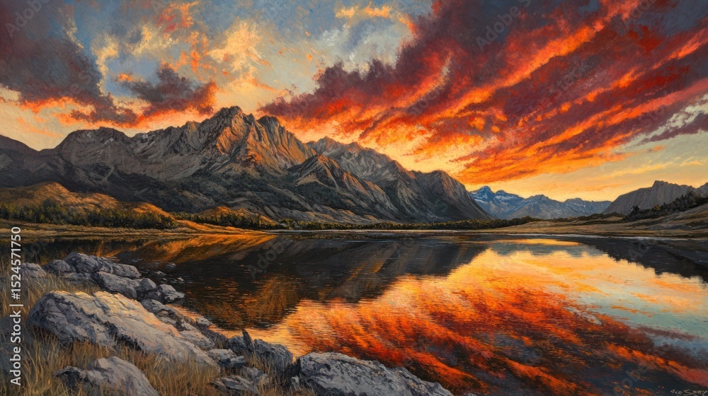 Obraz premium Spectacular sunset paints the sky and reflects on the serene mountain lake
