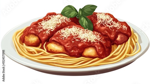Three breaded cutlets in rich tomato sauce, atop a bed of spaghetti, garnished with grated cheese and basil, served on a white plate