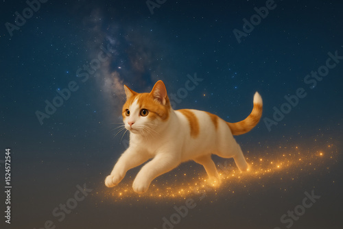 Orange and White Cat Leaping Through Starry Sky with Stardust from Its Paws, Generative AI