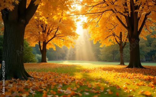 Beautiful autumn landscape with yellow trees,green and sun. Colorful foliage in the park. Falling leaves natural background. High quality