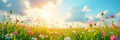 Radiant sunlight streams through fluffy clouds onto a field of wildflowers, creating a serene and ethereal summer scene evoking a sense of angelic purity and peace , soft light, sun, sky