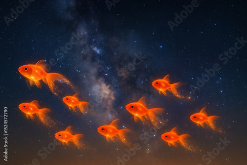 Glowing Goldfish Scattering Stardust in a Starry Night Sky, Generative AI