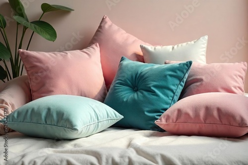 A serene arrangement of plump cushions in various colors and textures, scattered casually on a soft surface, evoking a sense of peaceful slumber and comfort , pastel, dreamy, tranquility