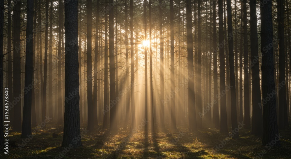 Fototapeta premium Sunlight Streaming Through Tall Trees in Forest at Sunrise