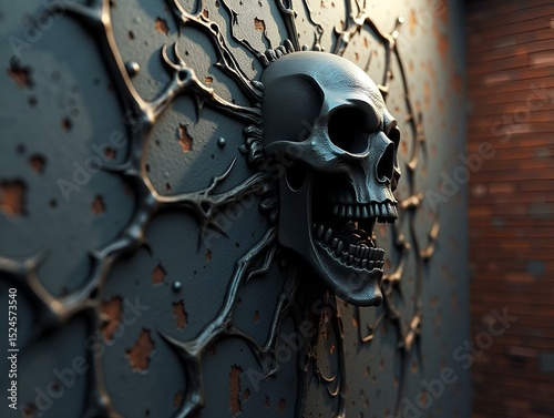 spooky from a perspective on the wall. A thick sculpture made of metallic materials of 3D rendering. halloween and illustration