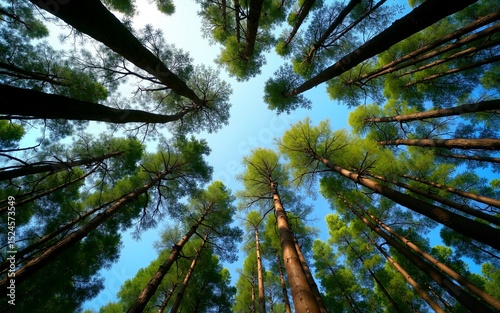 Trees in forest from below, green tops of trees, blue sky background. High quality
