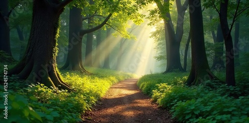 A tranquil, sun-dappled path winds through a dense, ancient forest, sunlight filtering through the leaves The air is still and peaceful, promising solitude and adventure , solitude, vegetation