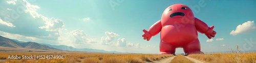 A colossal inflatable figure, wildly out of proportion to its surroundings, dominates the landscape; a visual metaphor for blatant exaggeration and deception , inflated, deceptive