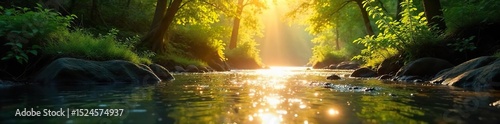 Golden sunlight streams through leaves, illuminating a sparkling river flowing through a lush green forest The water reflects the bright light, creating a breathtaking natural scene , stream, flora