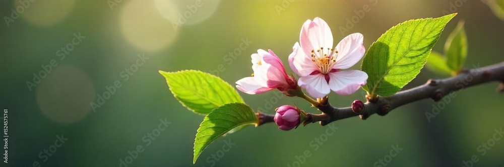 Obraz premium Close-up of a blossoming branch, new leaves unfurling, symbolizing renewal and healing Perfect for concepts of growth, spring, and recovery , ecology, organic, healing