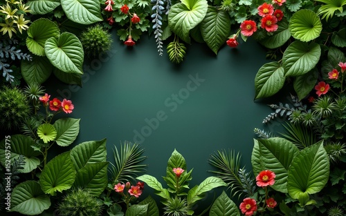 walll full of variety of green leaf topical plants some with flowers for background use. High quality