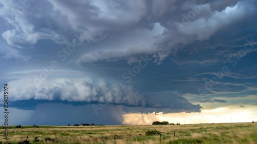 Dramatic Supercell Thunderstorm Cloud Formation Over Open Prairieland Scenery photo