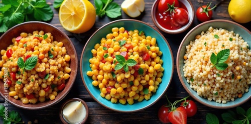 A vibrant and colorful spread of vegetarian dishes, featuring fresh vegetables, grains, and legumes, perfect for a healthy and delicious meal , ingredients, vegetables