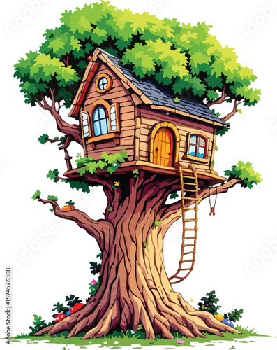 Charming cartoon illustration of a cozy wooden treehouse nestled amongst lush green foliage.