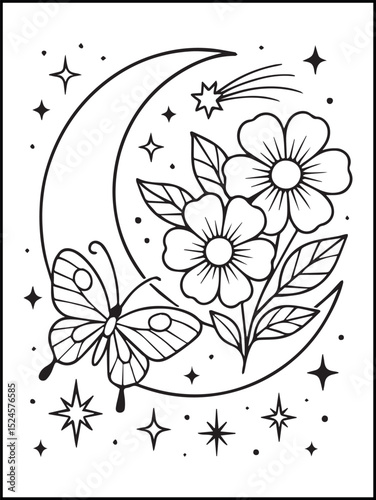 Bold and Easy Floral Coloring Page – Printable Line Art with Stars, butterflies, birds, and Flowers for Kids and Adults to relax and enjoy