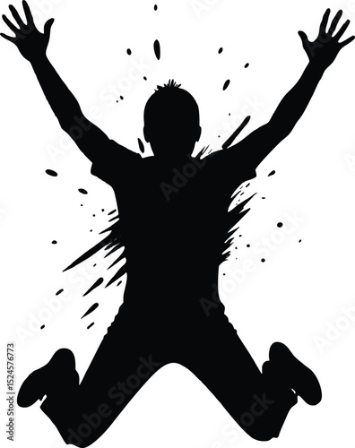 Jumping Boy Silhouette with Splash Effect, Joyful Victory Pose Vector