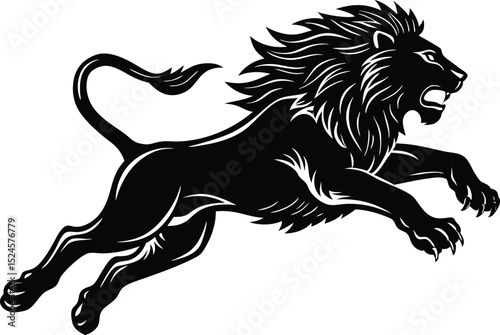Leaping Lion Silhouette Vector, Fierce Wild Animal in Jumping Pose Illustration