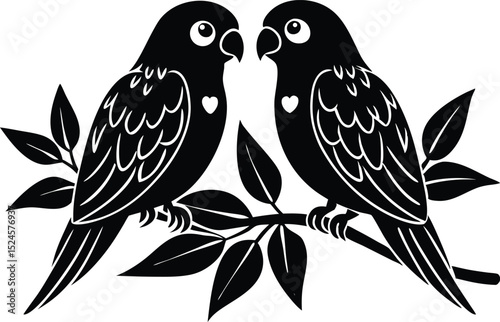 Love Birds Silhouette, Romantic Parrots on Branch Vector Illustration