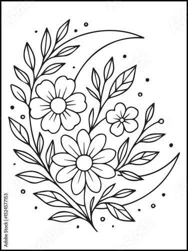 Bold and Easy Floral Coloring Page – Printable Line Art with Stars, butterflies, birds, and Flowers for Kids and Adults to relax and enjoy