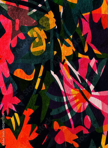 When Leaves Remember. Colorful abstract floral-inspired background with layered organic shapes, vibrant spring tones, and textured patterns evoking nature and blooming plants