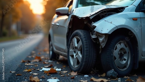Close-up of a severely damaged car after a fatal accident, twisted metal and shattered glass depicting the destructive force of a deadly impact , street, traffic