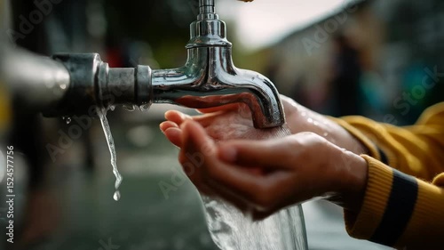 Hands under tap with running water outdoors, washing and cleanliness for personal hygiene, health and sanitation concept