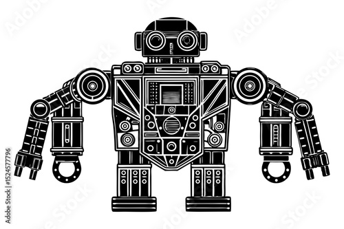 A monochrome illustration of a detailed, retro-futuristic robot with exposed gears, bolts, and mechanical components, in a black and white style.