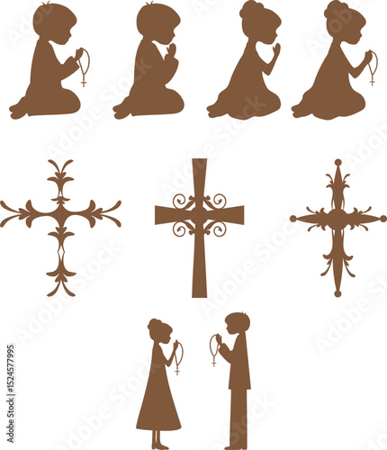 Silhouettes of Praying Children and Decorative Christian Crosses Vector EPS - For print