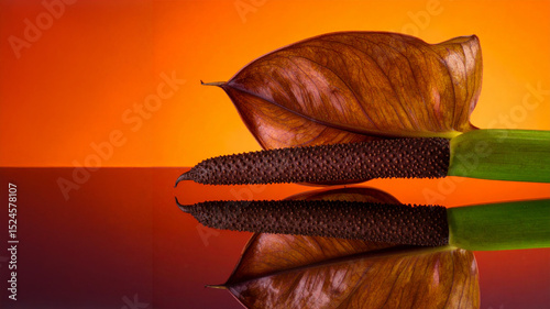 A close-up of a textured spadix and curved spathe showcases intricate natural details. Warm gradient hues create striking contrast, while the glossy reflection enhances the depth and symmetry of the c