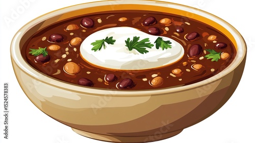 A hearty bowl of dark, rich bean soup, garnished with a dollop of creamy sour cream and fresh parsley sprigs