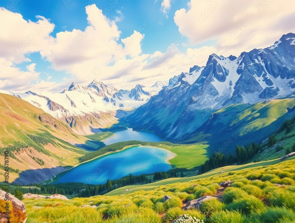 Fototapeta premium Scenic mountain valley with turquoise lakes, lush greenery, and snow-capped peaks under a sunny sky.
