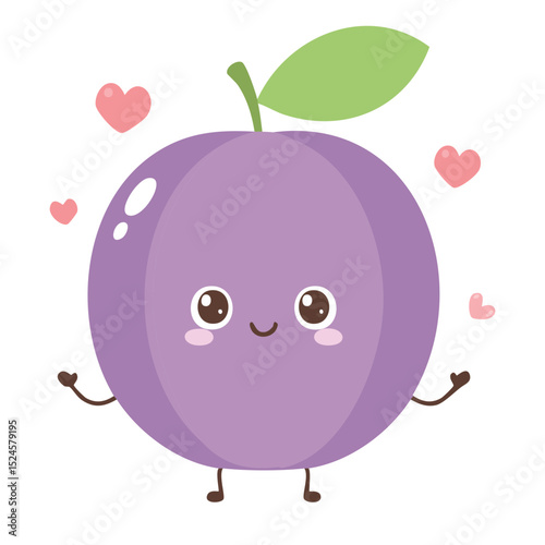 Cute smiling plum character with hearts around. The plum has friendly eyes, arms, and legs, and it seems happy and inviting.