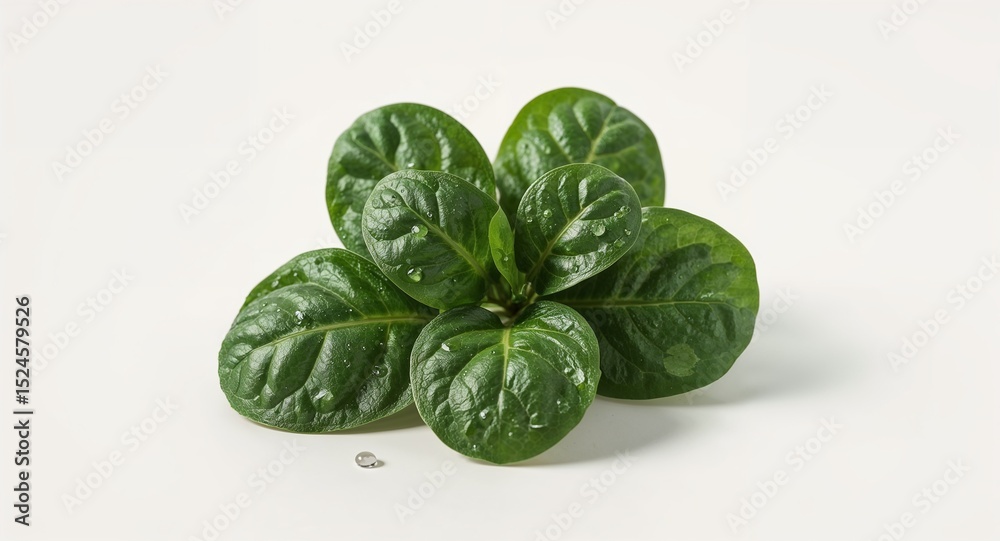 Obraz premium Close up of fresh green spinach leaves with water droplets on a white background in studio shot