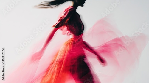 Motion-blurred profile of a woman in a red, patterned top and flowing pleated skirt, walking against a light gray background; the image emphasizes movement and dynamism