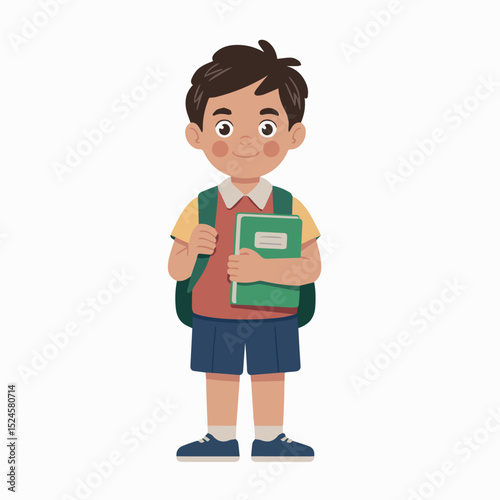 Happy schoolboy with backpack holding textbook ready for class smiling boy education student art kids cute child books