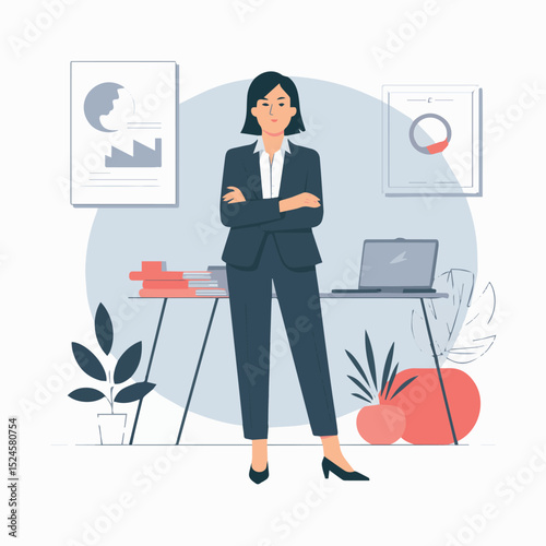 Confident businesswoman standing in modern office workspace with laptop and documents desk flat team files clean style