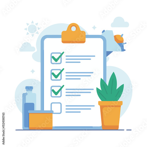 Checklist clipboard illustration with bottle plant and sun design elements for planning organization and healthy lifestyle