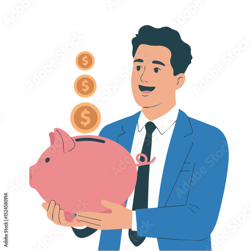 Happy businessman holding piggy bank saving money financial success wealth investment rich goal coins growth future