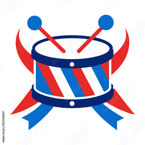 A patriotic drum in red, white, and blue stripes, adorned with matching ribbons and crossed drumsticks, symbolizing celebration and national spirit.