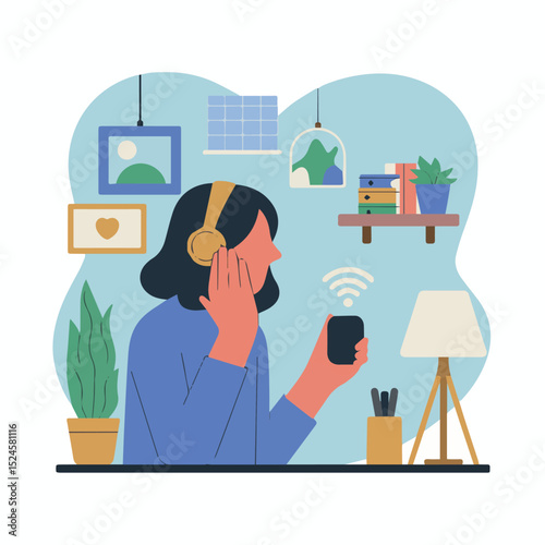 Young woman listening to music at home office using headphones and smartphone cozy atmosphere work flat blue desk calm