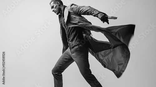 Monochrome portrait of a stylish man in a long coat, dynamically posed mid-stride, his coat billowing behind him, suggesting movement and a sense of mystery