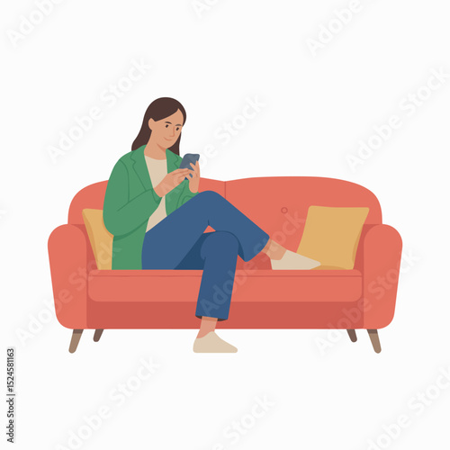 Young woman relaxing on comfortable red sofa using smartphone app modern flat illustration up home room legs girl cozy