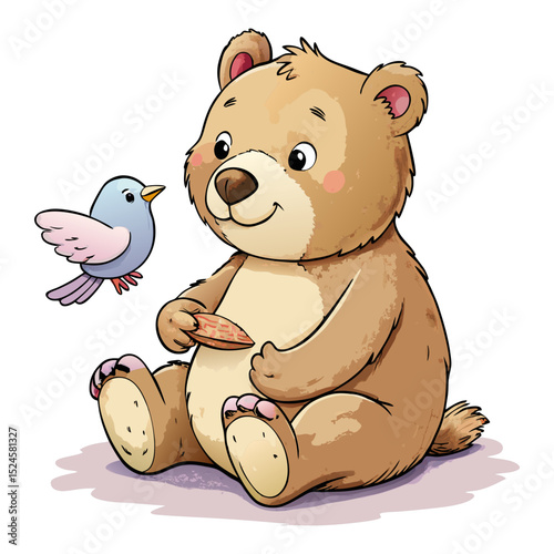 A delightful illustration of a cute, plump brown teddy bear sitting with a small blue bird, suggesting friendship and gentle companionship.