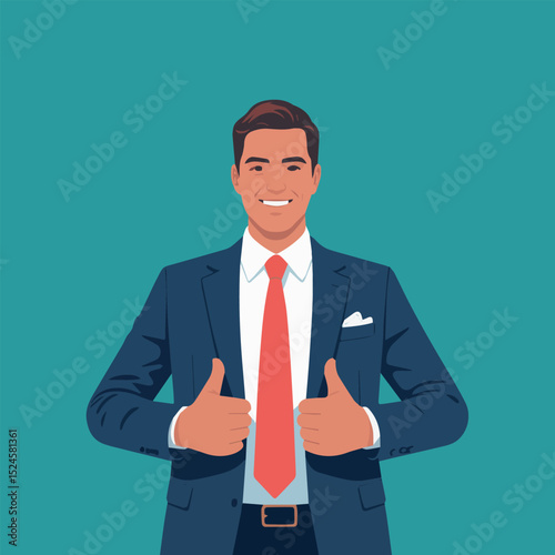 Smiling confident businessman showing thumbs up success achievement portrait illustration tie red job suit blue goal
