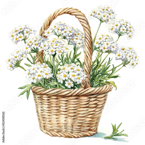 A Yarrow Flower Basket, watercolor vector, high quality, isolated on a white background.