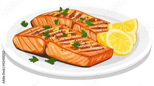 Two grilled salmon fillets on a white plate, garnished with lemon wedges and chopped parsley.  The salmon has grill marks and appears juicy and flavorful
