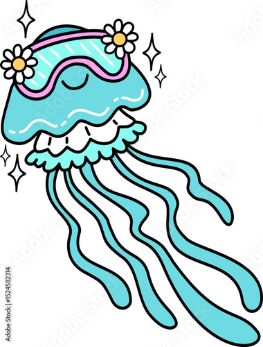 Retro groovy Summer Jellyfish Cartoon Illustration