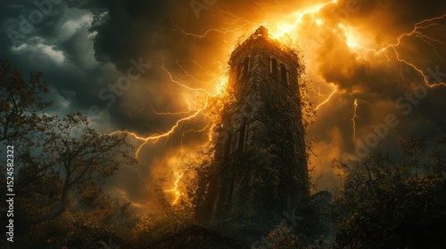Ancient Tower under a Storm, A Gothic fantasy in a thunderstorm, Dark Sky