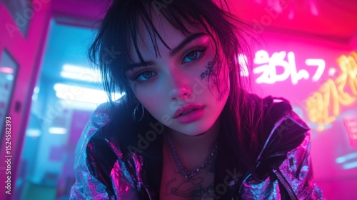 Portrait of a girl with neon lights in the background, futuristic street style